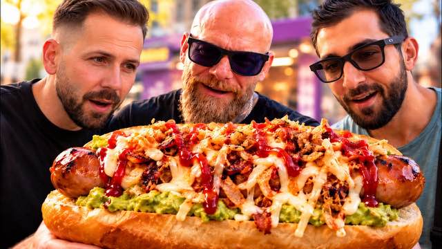 Drei Männer staunen über einen riesigen Hotdog.