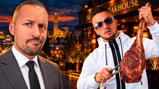Ein Mann im Anzug schaut skeptisch, daneben ein Mann mit Sonnenbrille und einem Steak am Knochen, dahinter ein Steakhouse bei Nacht.